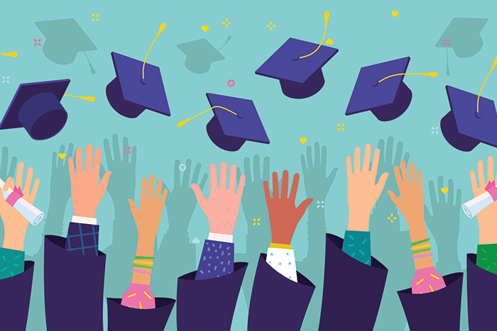 Illustration of hands throwing graduation caps in the air
