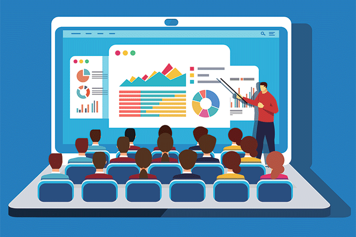 Illustration of a online presentation of data and the laptop keys are audience members