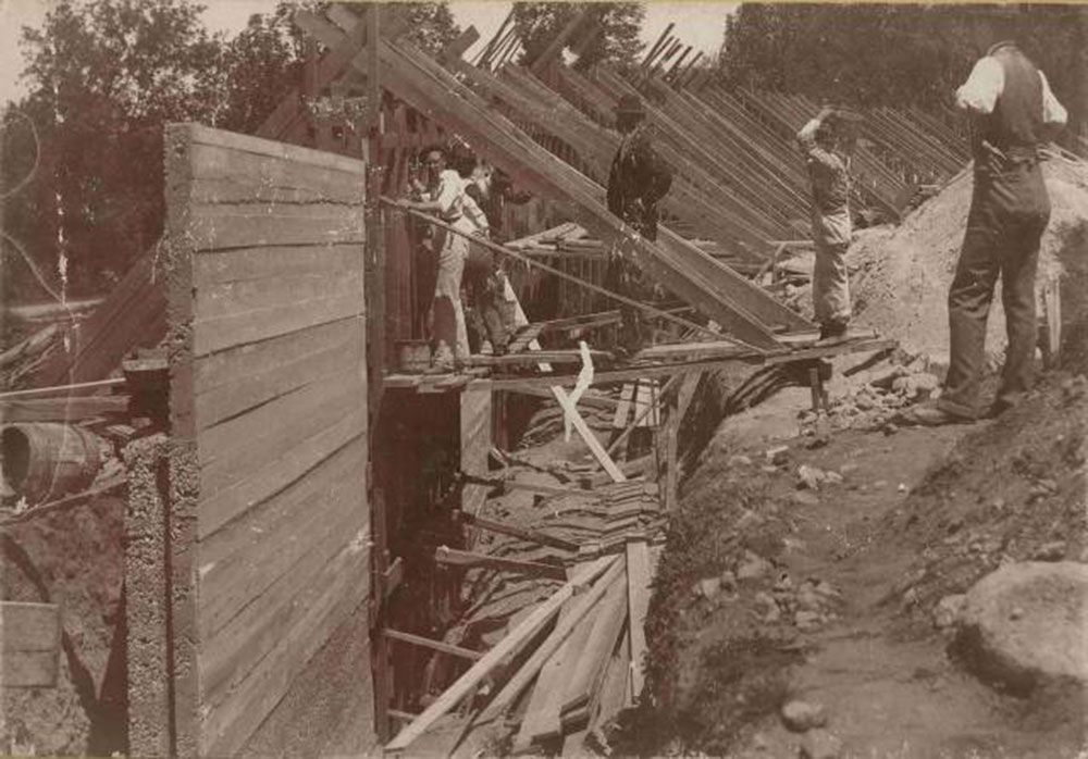Vintage photo of construction work on the McLean tunnels in the 1800s
