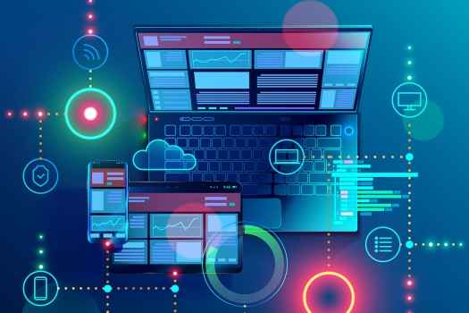 Graphic of laptop computer with graphs and mobile devices