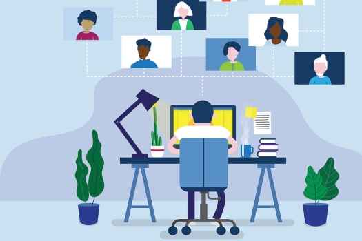 Illustration of figure watching a webinar with screens connecting above