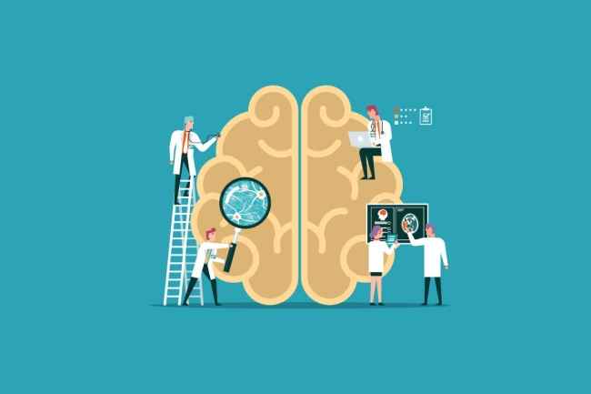 Illustration of a brain and scientists