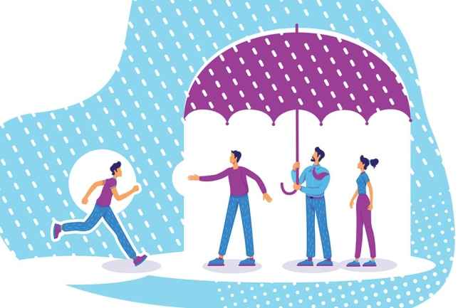 Illustration of people standing under umbrella with another person running toward them