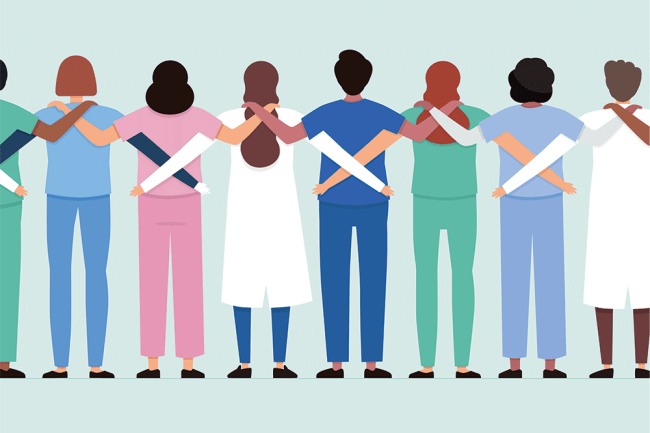 Illustration of health care workers with arms around backs