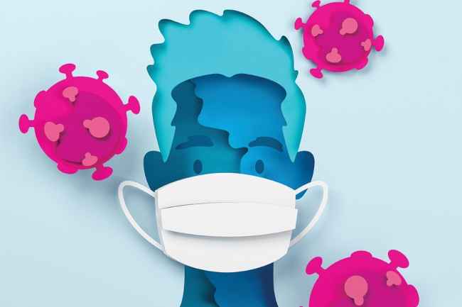 Cutout illustration of young man in mask surrounded by germs