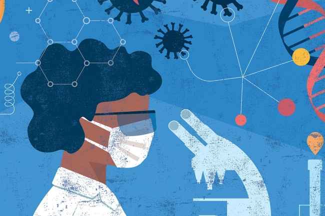 Illustration of scientist looking at microscope with science graphics in the background