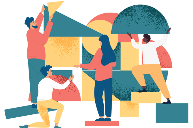 Illustration of diverse people stacking different shapes