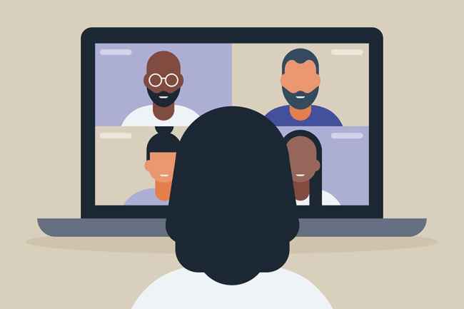 Illustration of figure watching people on laptop screen