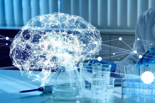 Illustration of a brain over medical research equipment