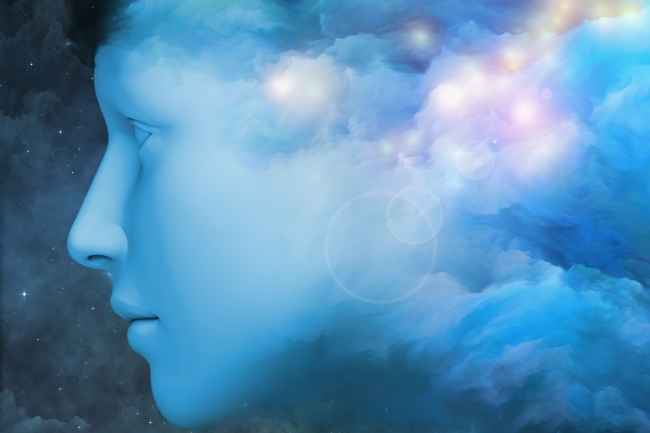 Illustration of a human head profile with an outer space background