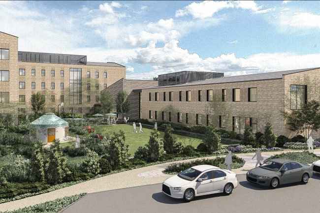 Architectural rendering of a large building with green space