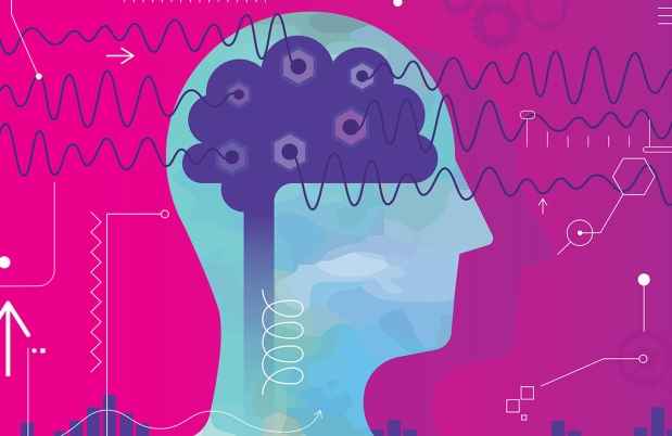 Pink purple and blue graphic of a head with brain and wavy lines going through it
