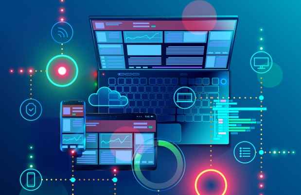 Graphic of laptop computer with graphs and mobile devices