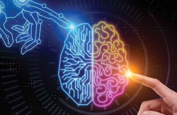 Illustration of real hand and robot hand touching illustration of brain