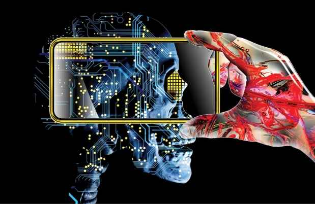 Illustration of anatomy hand holding phone screen over skeletal head