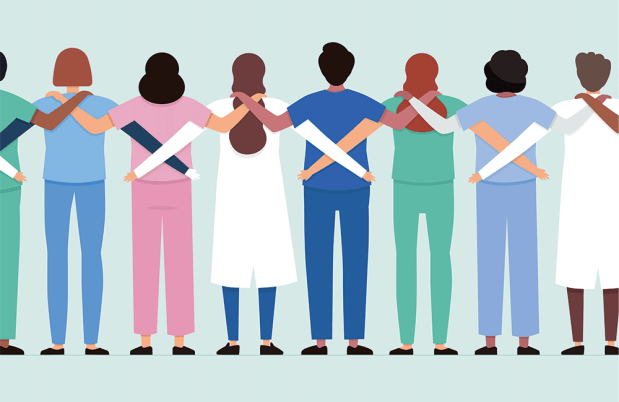 Illustration of health care workers with arms around backs