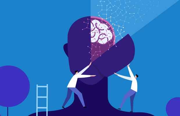 illustration of doctors opening up head to see a brain