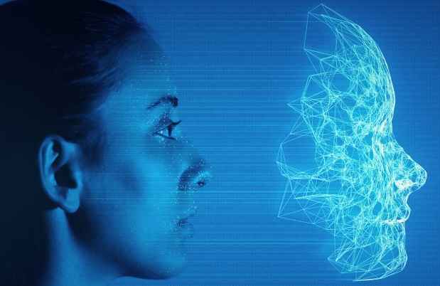 Graphic with woman and a hologram face in front of her