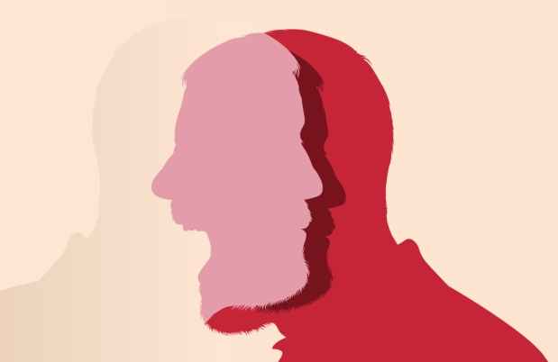 Red and beige illustration of man yelling at himself