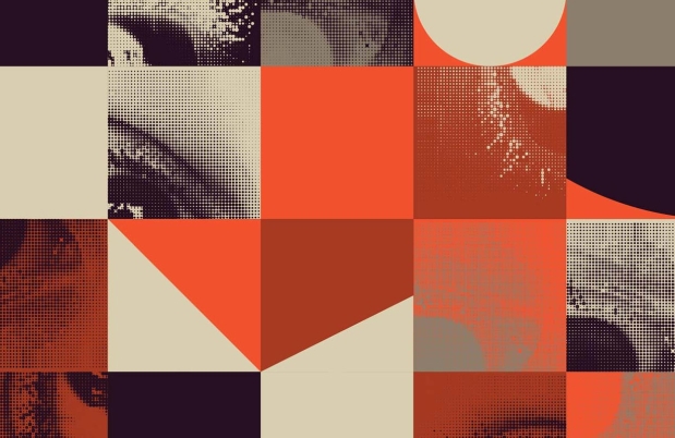 graphic illustration of red and beige boxes with eyes