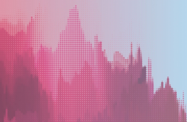 graphic illustration of red mountains and dots