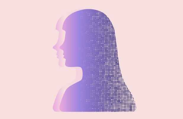 Graphic illustration of a purple silhouette of a woman
