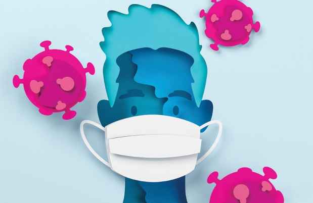 Cutout illustration of young man in mask surrounded by germs