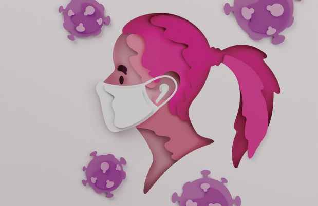 Cutout illustration of young woman in mask surrounded by germs