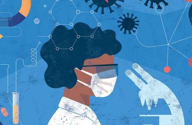 Illustration of scientist looking at microscope with science graphics in the background
