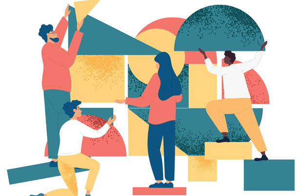 Illustration of diverse people stacking different shapes