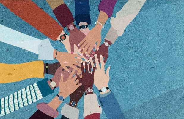 graphic image of a circle of hands on blue background
