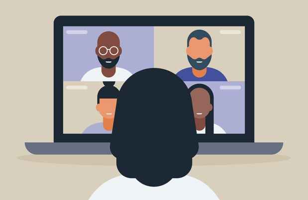 Illustration of figure watching people on laptop screen