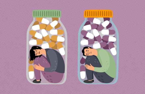 graphic of a man and woman inside pill bottles