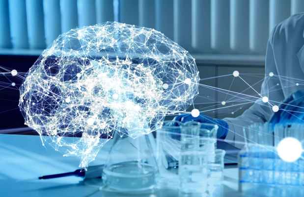 Illustration of a brain over medical research equipment