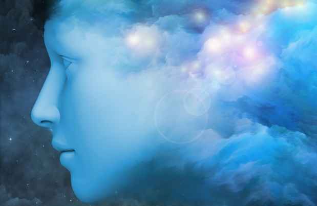 Illustration of a human head profile with an outer space background