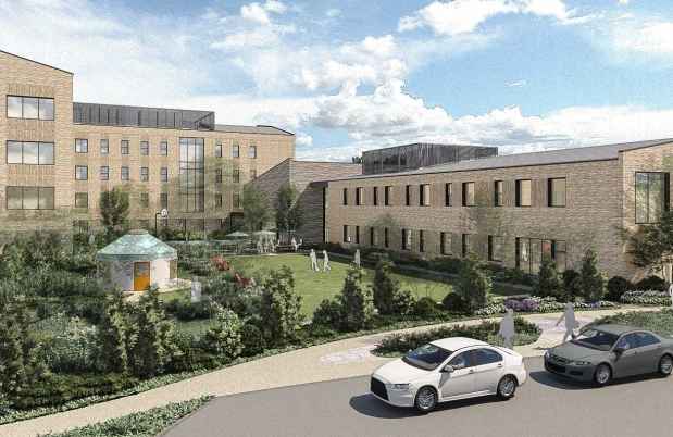Architectural rendering of a large building with green space