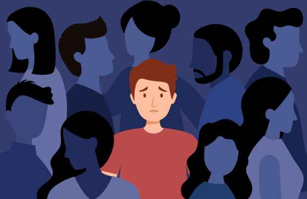 Illustration of a man with social anxiety in a crowd