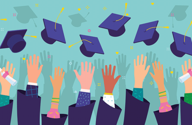 Illustration of hands throwing graduation caps in the air