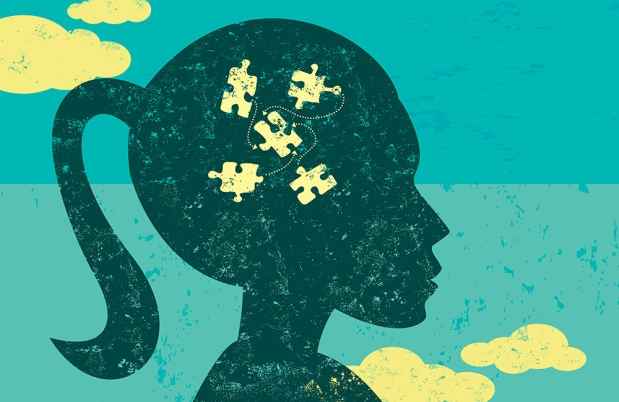 Illustration of silhouette of girl with puzzle pieces in her head