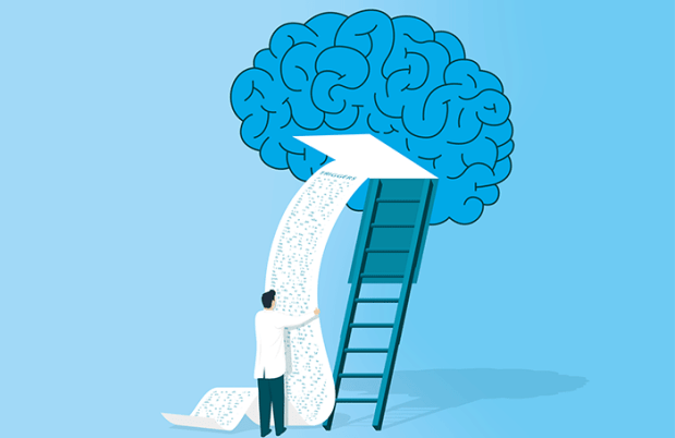 Illustration of figure reading a scroll of data coming out of a brain with a ladder up to it