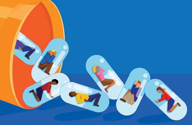 Stock illustration of pill bottle with pills with people in them falling out