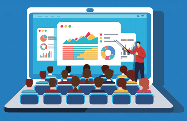 Illustration of a online presentation of data and the laptop keys are audience members