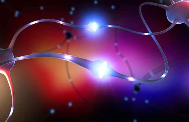 Graphic of two brain neurons connecting with black and red purple background.