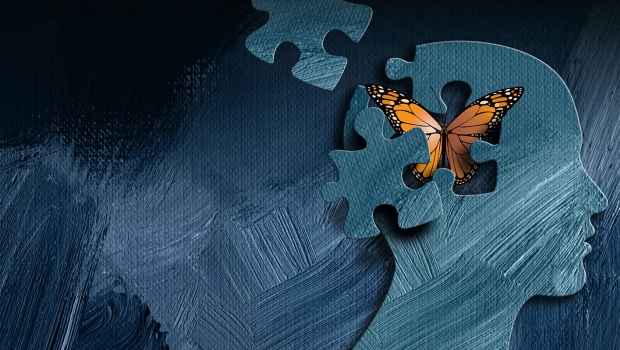 Graphic of head with puzzle and butterfly