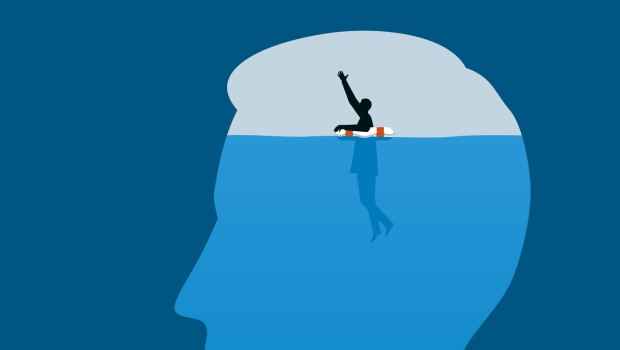 Graphic of a man in water reaching for help all while encapsulated by a bigger head.