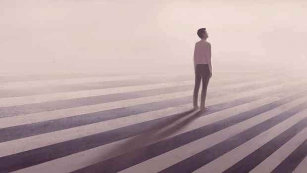 Graphic of person standing on striped ground