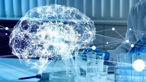 Illustration of a brain over medical research equipment